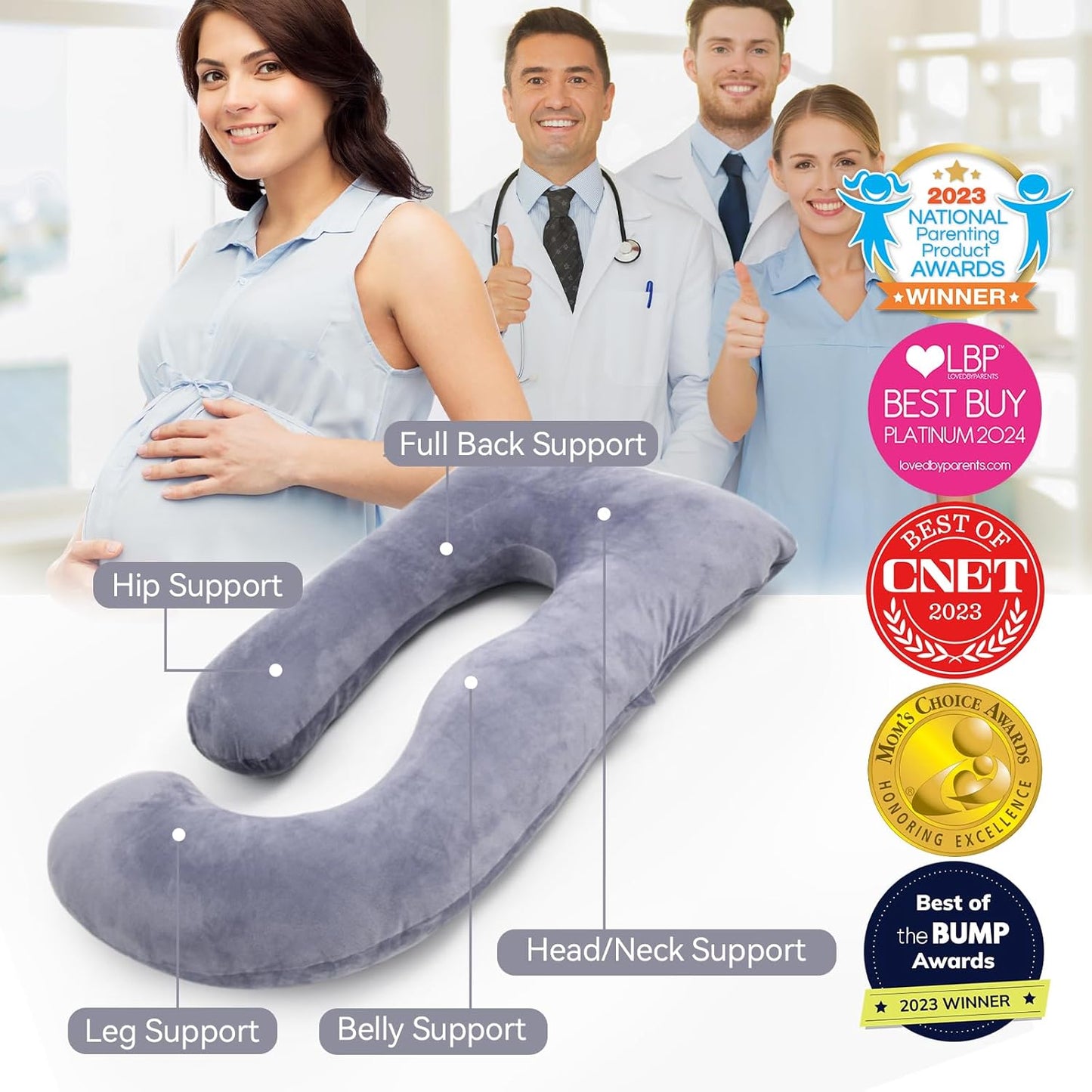 Momcozy Pregnancy Pillows, U Shaped Full Body Maternity Pillow with Removable Cover, Grey Pregnant Support Pillow for Sleeping