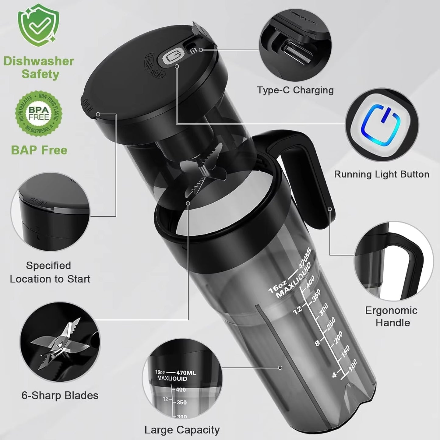 Ligkevan Type-C USB Rechargeable 150W Power Fresh Juice Ice Mini Bottle Cup Personal Blenders Juicers Portable Blender Juicer