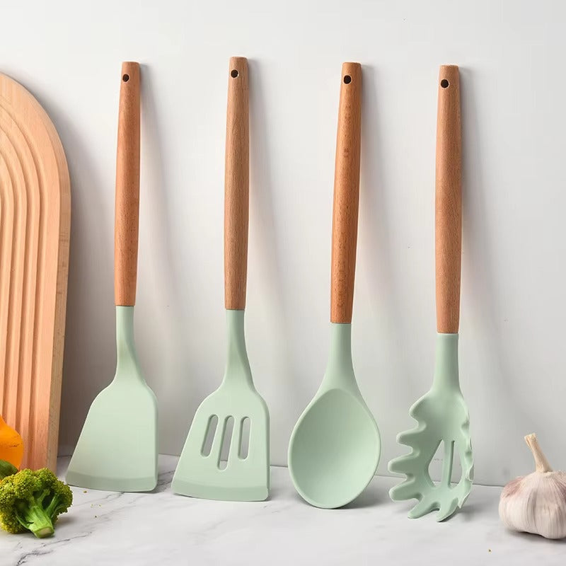 Nordic Style Silicone Kitchenware Home Utensils 12PCS -Set Gadgets Kitchen Utensils Set With Wooden Handle