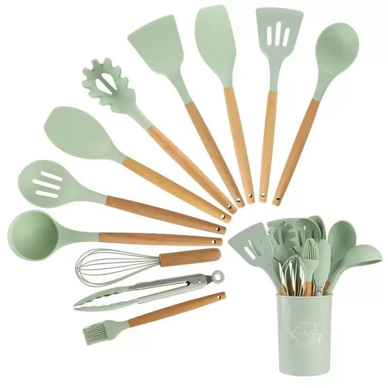 Nordic Style Silicone Kitchenware Home Utensils 12PCS -Set Gadgets Kitchen Utensils Set With Wooden Handle