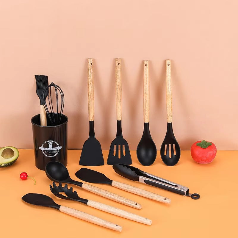 Nordic Style Silicone Kitchenware Home Utensils 12PCS -Set Gadgets Kitchen Utensils Set With Wooden Handle