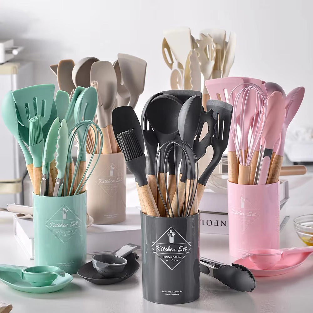 Nordic Style Silicone Kitchenware Home Utensils 12PCS -Set Gadgets Kitchen Utensils Set With Wooden Handle