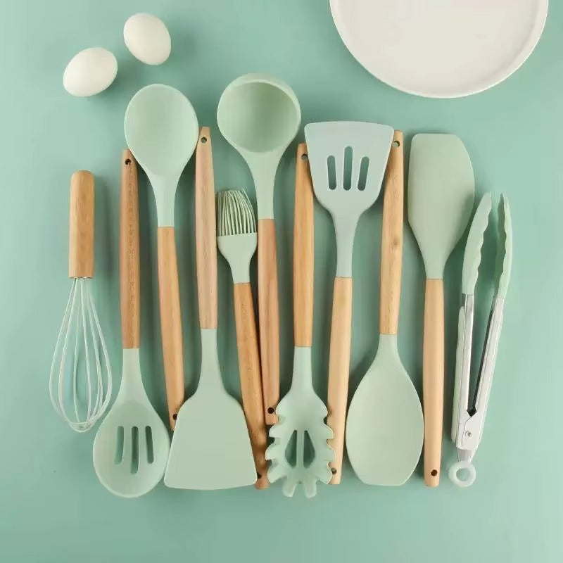 Nordic Style Silicone Kitchenware Home Utensils 12PCS -Set Gadgets Kitchen Utensils Set With Wooden Handle