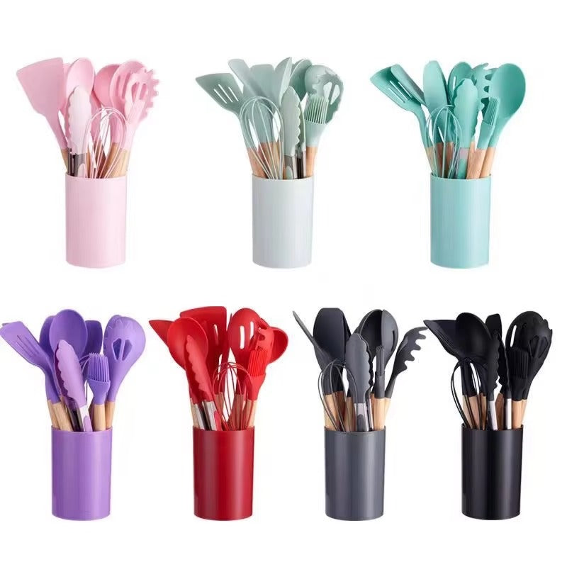Nordic Style Silicone Kitchenware Home Utensils 12PCS -Set Gadgets Kitchen Utensils Set With Wooden Handle