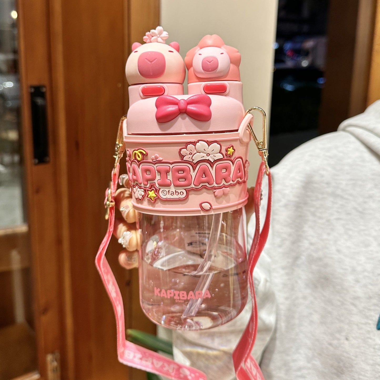700ml Kids Dual-Drink Water Bottle with Straw and Strap Sippy Cup Portable Plastic Cartoon Capybara Water Cup For Boys Girls