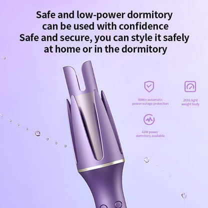 "Automatic Curling Iron – 3 Speeds, Adjustable Heat, LCD Display, Anti-Scald, 360° Swivel – Purple"