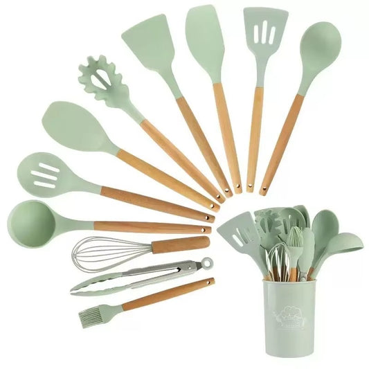 Nordic Style Silicone Kitchenware Home Utensils 12PCS -Set Gadgets Kitchen Utensils Set With Wooden Handle