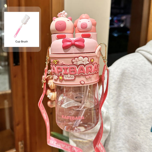 700ml Kids Dual-Drink Water Bottle with Straw and Strap Sippy Cup Portable Plastic Cartoon Capybara Water Cup For Boys Girls