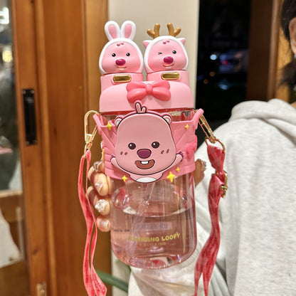700ml Kids Dual-Drink Water Bottle with Straw and Strap Sippy Cup Portable Plastic Cartoon Capybara Water Cup For Boys Girls