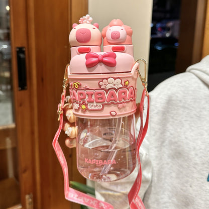 700ml Kids Dual-Drink Water Bottle with Straw and Strap Sippy Cup Portable Plastic Cartoon Capybara Water Cup For Boys Girls
